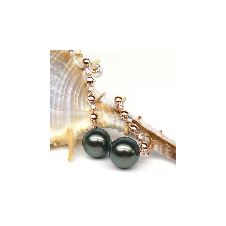 Boucles oreilles chainettes - Perles de Tahiti - or rose, diamants - 2