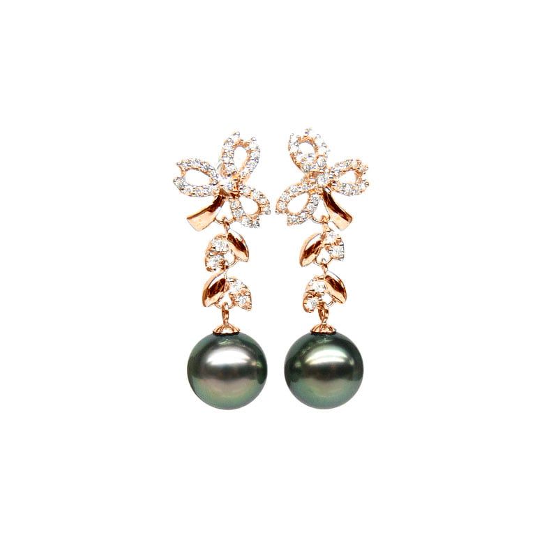Boucles oreilles or rose - Perles de Tahiti - Diamants - Composition florale - 1