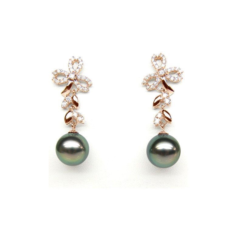 Boucles oreilles or rose - Perles de Tahiti - Diamants - Composition florale - 2