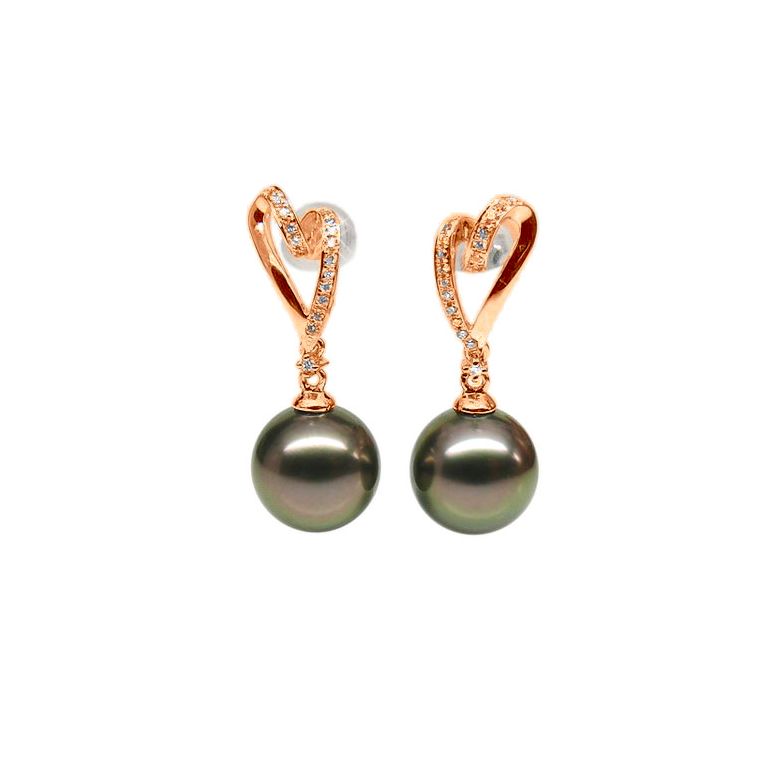 Boucles oreilles coeurs - Perles de Tahiti paons aubergines - Or rose - 1