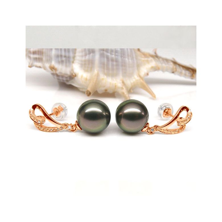 Boucles oreilles coeurs - Perles de Tahiti paons aubergines - Or rose - 2