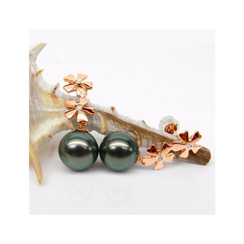Boucles oreilles fleurs - Pendants perles Tahiti bleus vertes - Or rose - 1