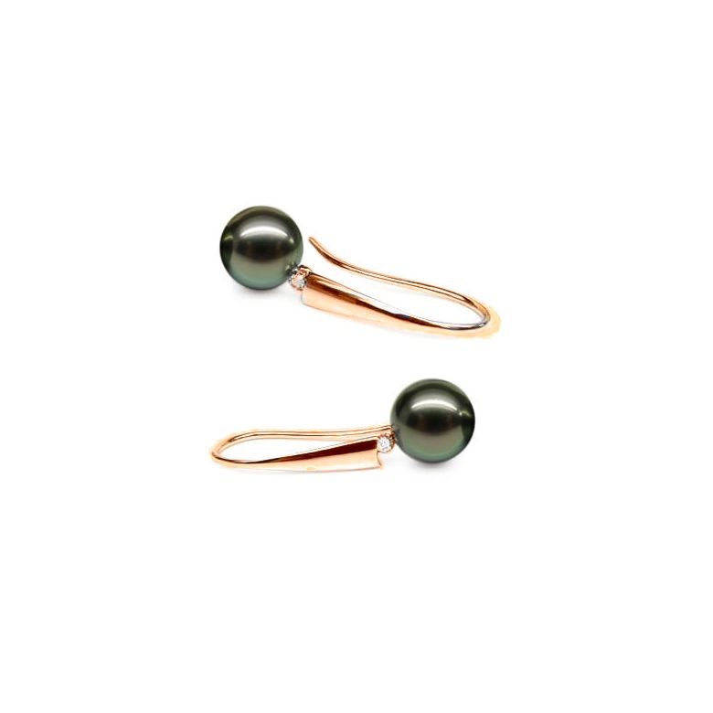 Boucles oreilles perles Tahiti - Crochets perles noires paons - Or rose - 1