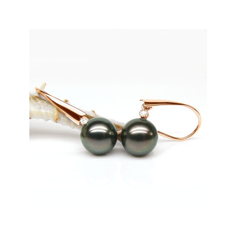 Boucles oreilles perles Tahiti - Crochets perles noires paons - Or rose - 2