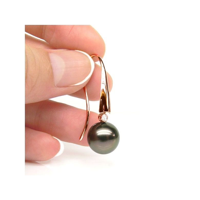 Boucles oreilles perles Tahiti - Crochets perles noires paons - Or rose - 3