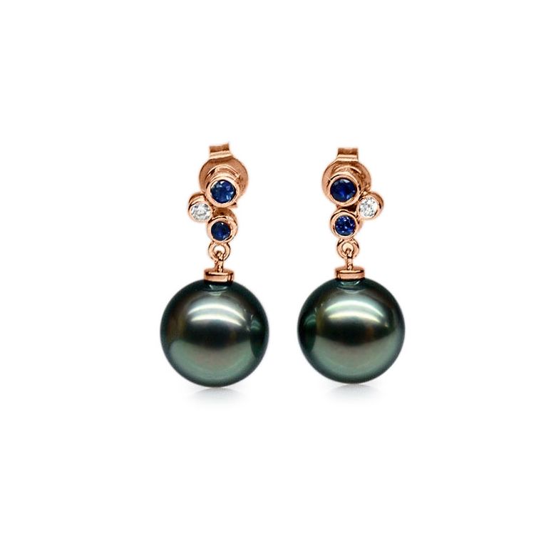 Boucles oreilles perles de Tahiti noires - 9/10mm - GEMME or rose - 1