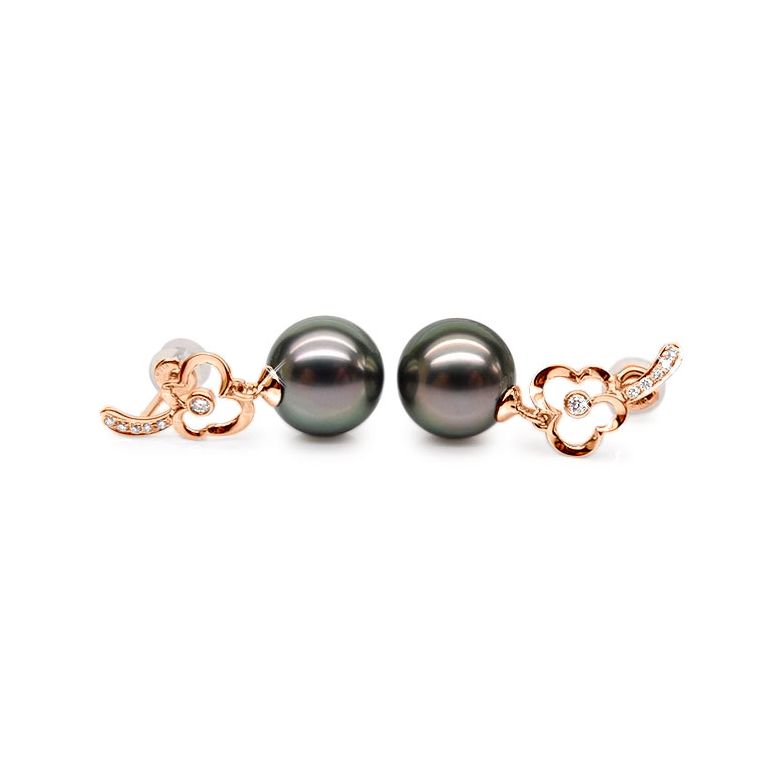 Boucles oreilles fleurs - Pendants perles de Tahiti - Or rose, diamants - 1