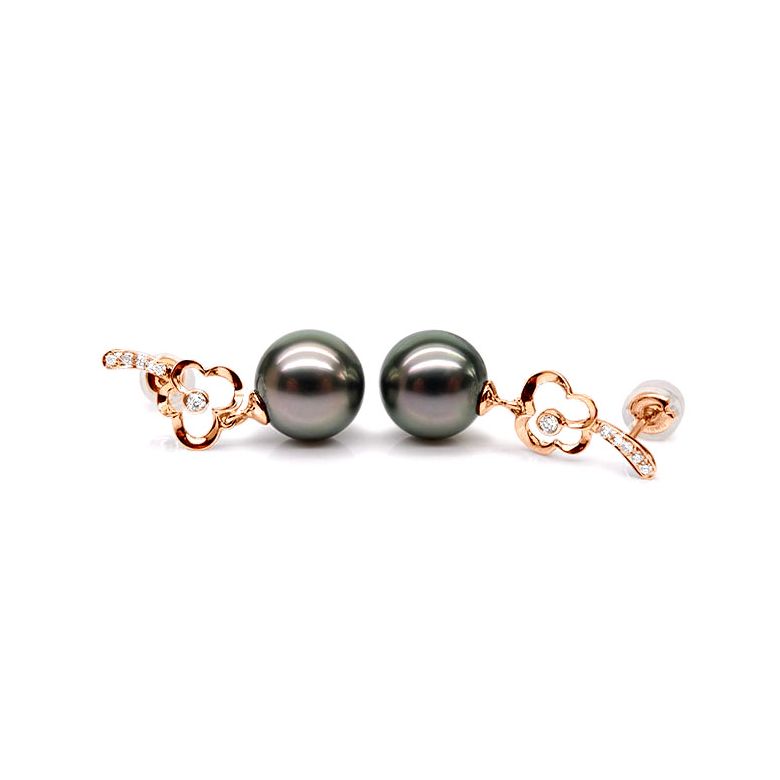 Boucles oreilles fleurs - Pendants perles de Tahiti - Or rose, diamants - 3