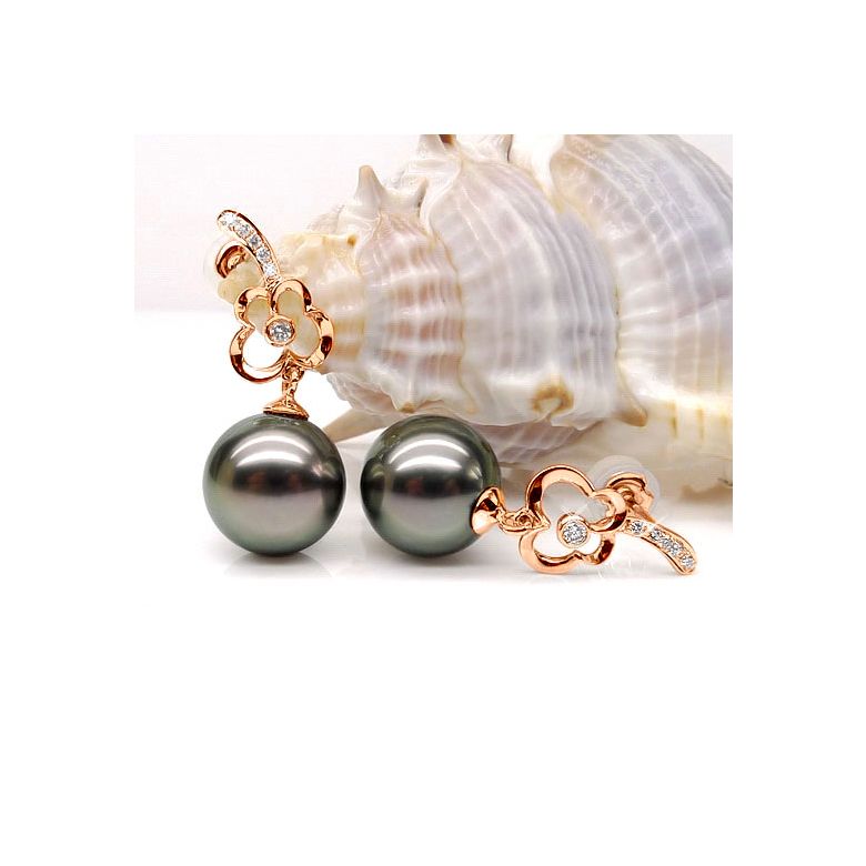 Boucles oreilles fleurs - Pendants perles de Tahiti - Or rose, diamants - 4