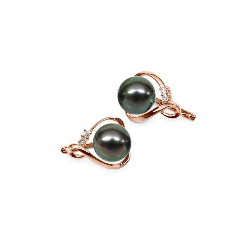 Boucles oreilles dormeuses clips - Perles de Tahiti - Or rose, diamants - 1