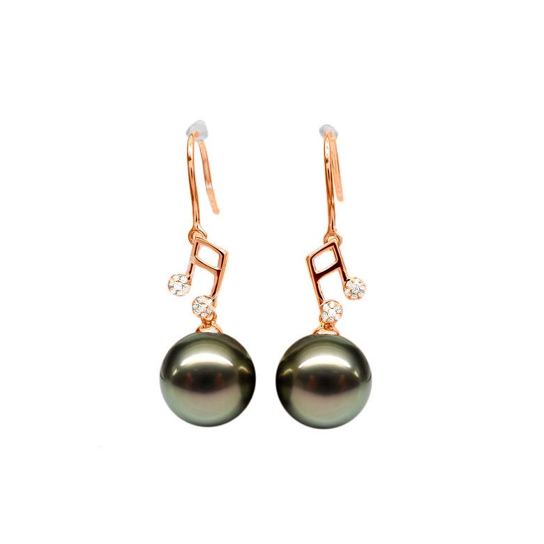 Boucles d'oreilles notes de musique - Crochets or rose - Perles de Tahiti - 1