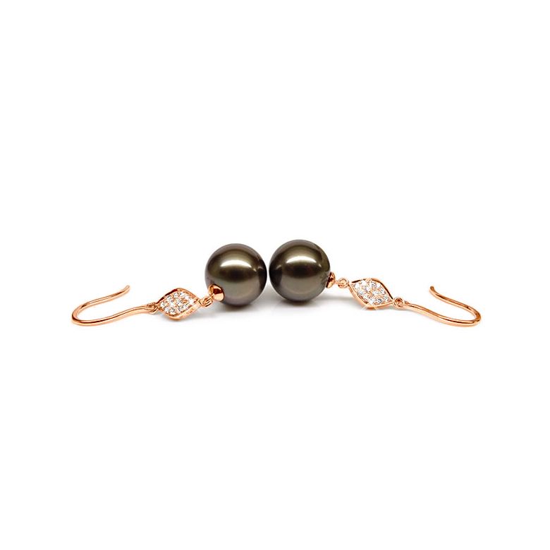 Boucles oreilles - Crochets perles de Tahiti -  Or rose, diamants pavés - 3
