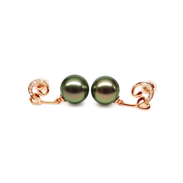 Boucles oreilles coeur - Pendants or rose - Perles de Tahiti - Diamants - 1