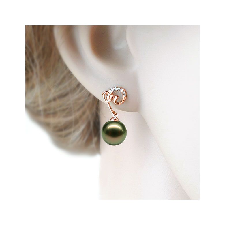 Boucles oreilles coeur - Pendants or rose - Perles de Tahiti - Diamants - 2