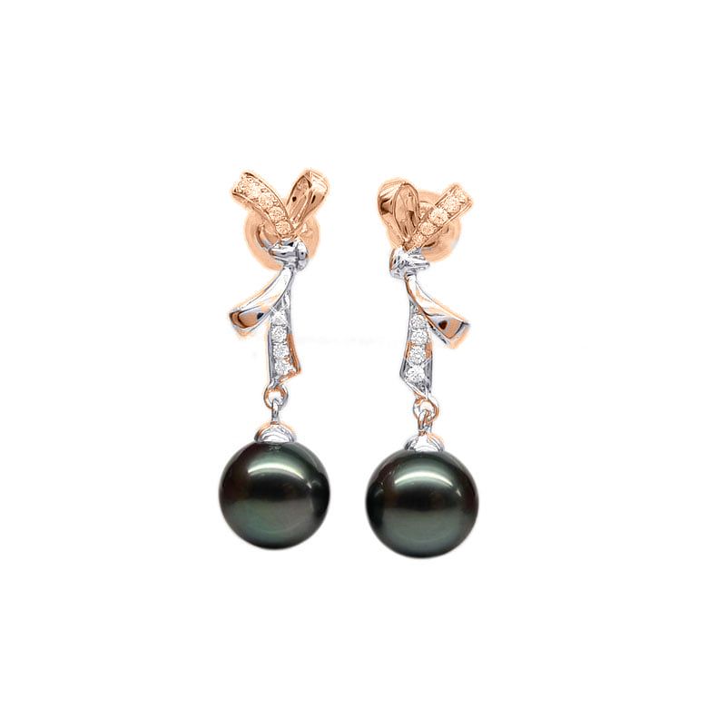 Boucles oreilles ganses - Noeuds papillons - Perles de Tahiti - Or rose - 1