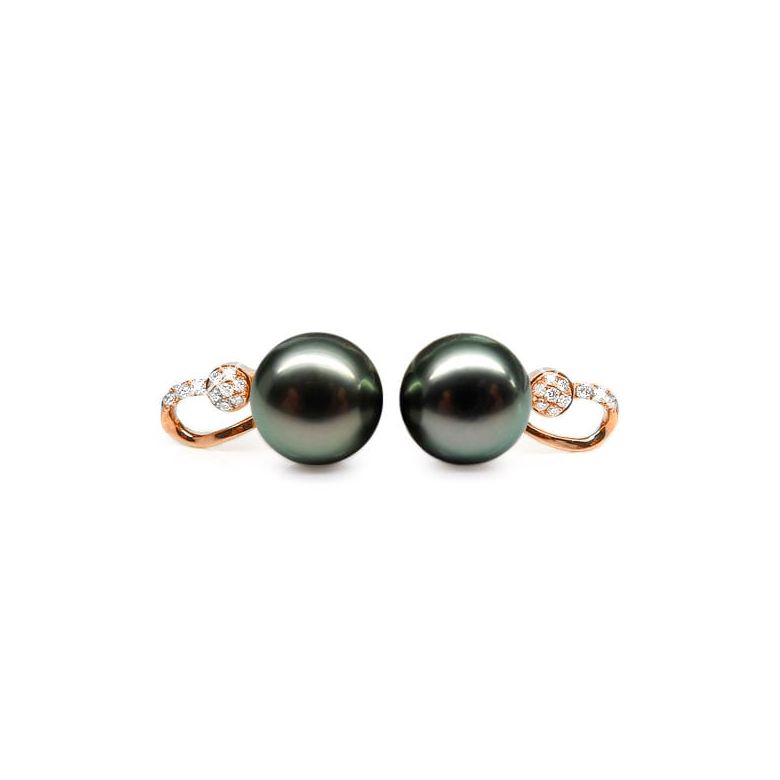 Boucles oreilles - Pendants perles Tahiti noires - Or rose, diamants - 1