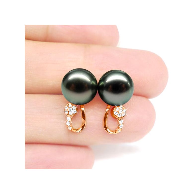 Boucles oreilles - Pendants perles Tahiti noires - Or rose, diamants - 2