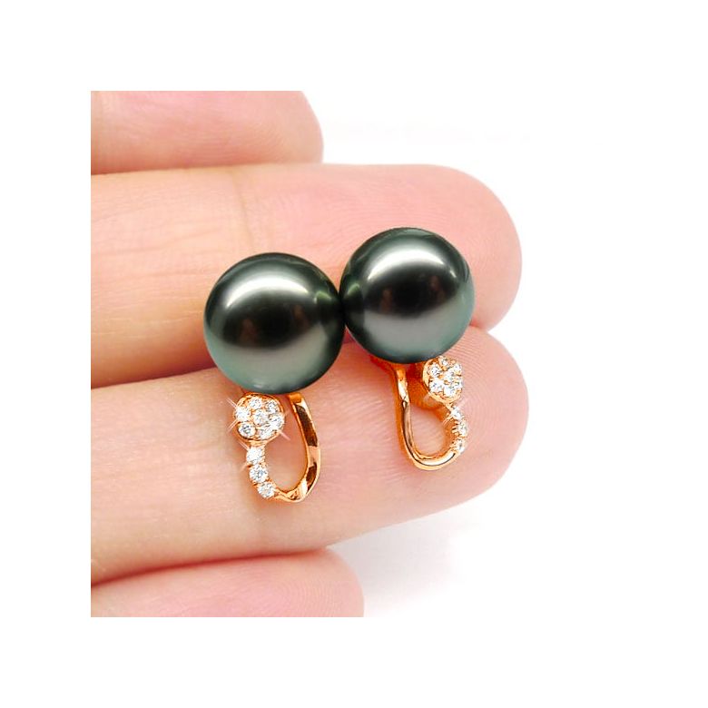 Boucles oreilles - Pendants perles Tahiti noires - Or rose, diamants - 3