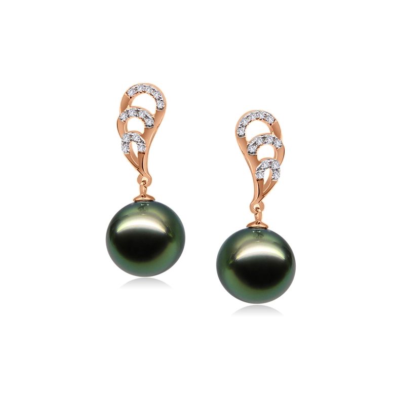 Boucles oreilles plumes de paon - Pendants or rose - Perles Tahiti - 1