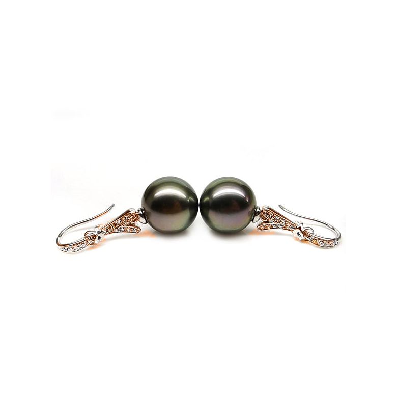 Boucles oreilles ruban avec perles de Tahiti - Or rose, diamants - 1