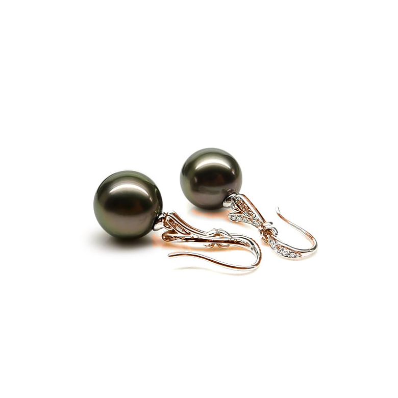 Boucles oreilles ruban avec perles de Tahiti - Or rose, diamants - 2