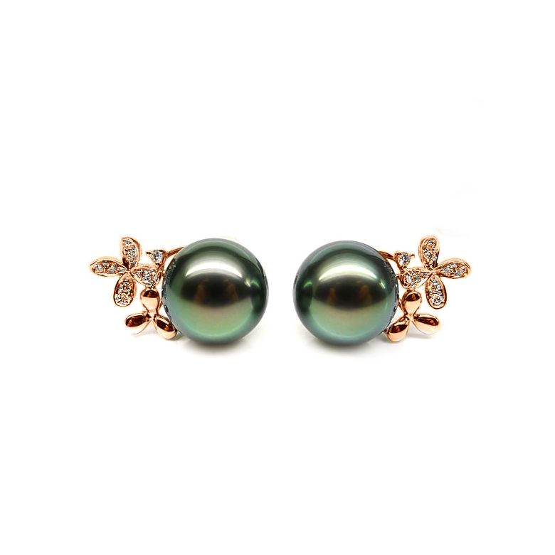 Boucles oreilles perles Tahiti motifs floraux - Or rose, diamants - 1