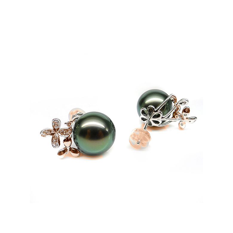 Boucles oreilles perles Tahiti motifs floraux - Or rose, diamants - 5