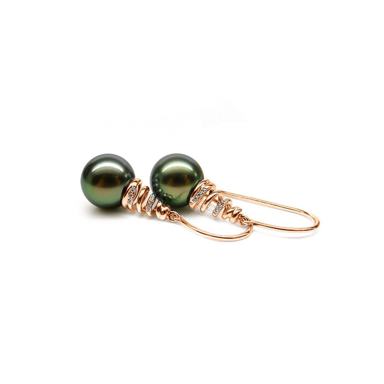 Boucles oreilles spirales torsadées - Perles de Tahiti, or rose - 1