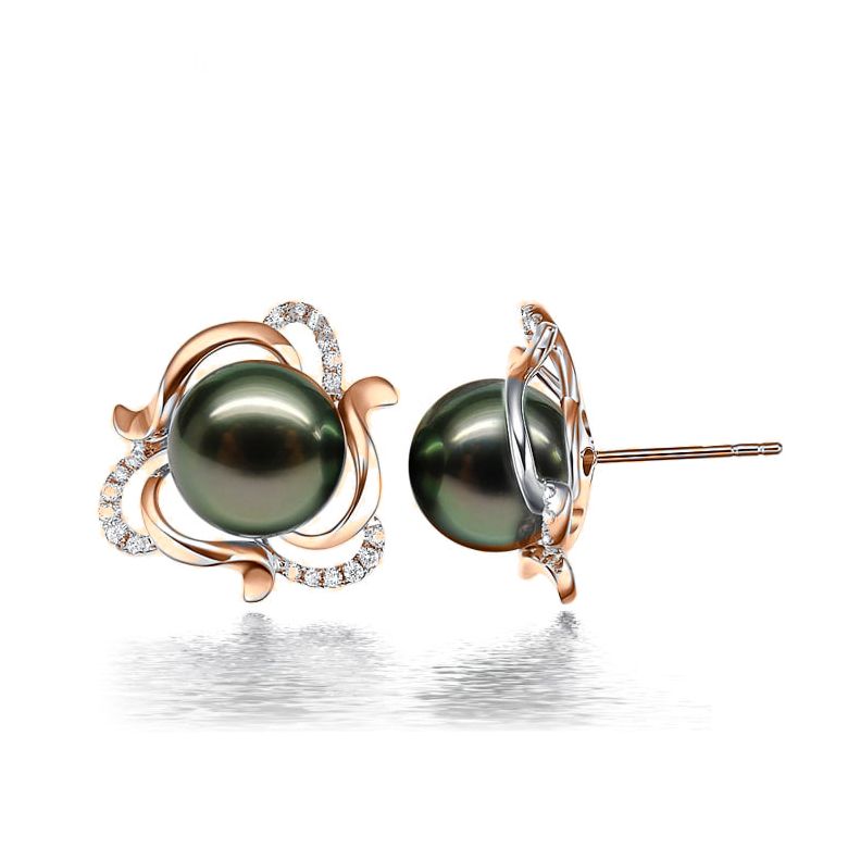 Boucles d'oreilles clous or rose 18 carats - Perles de Tahiti vertes - 1