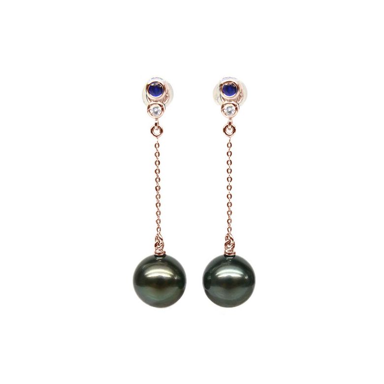 Boucles d'oreilles en or - Perles de Tahiti - Or rose, diamants, saphirs - 1