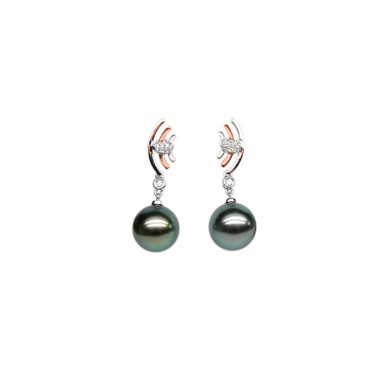 Boucles d'oreilles Marine - Perles de Tahiti noires - Or blanc, rose - 2