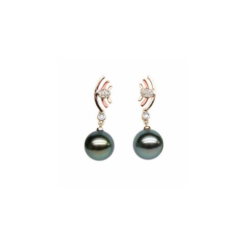 Boucles d'oreilles Marine - Perles de Tahiti noires - Or jaune, rose - 2