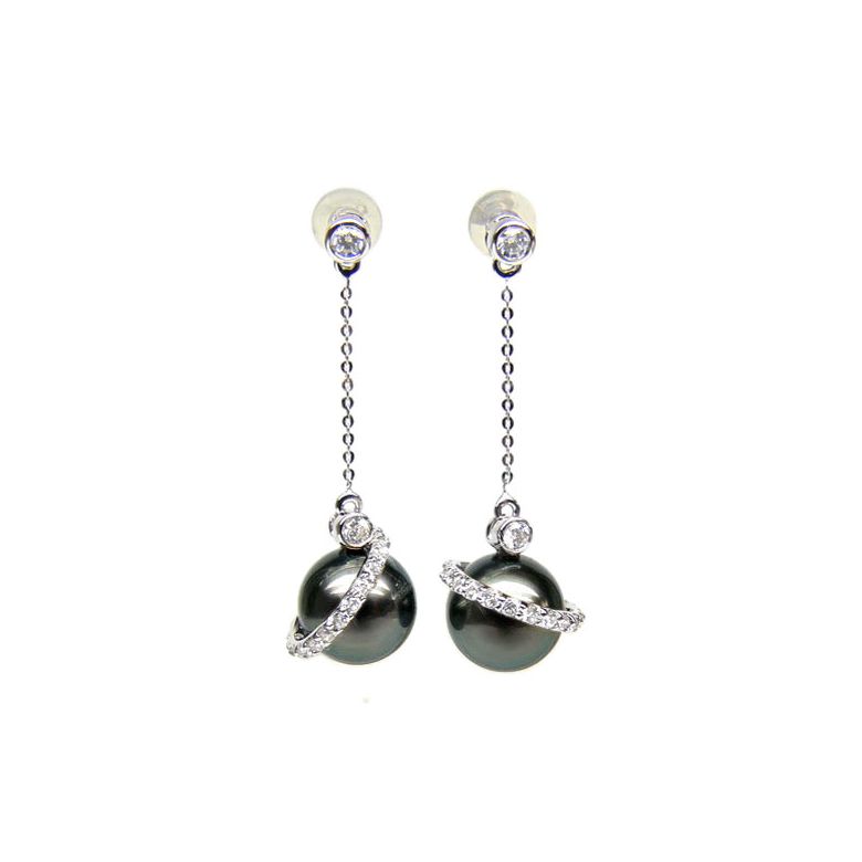 Boucles oreilles cercles diamantés - Perles de Tahiti noires - Or blanc - 1