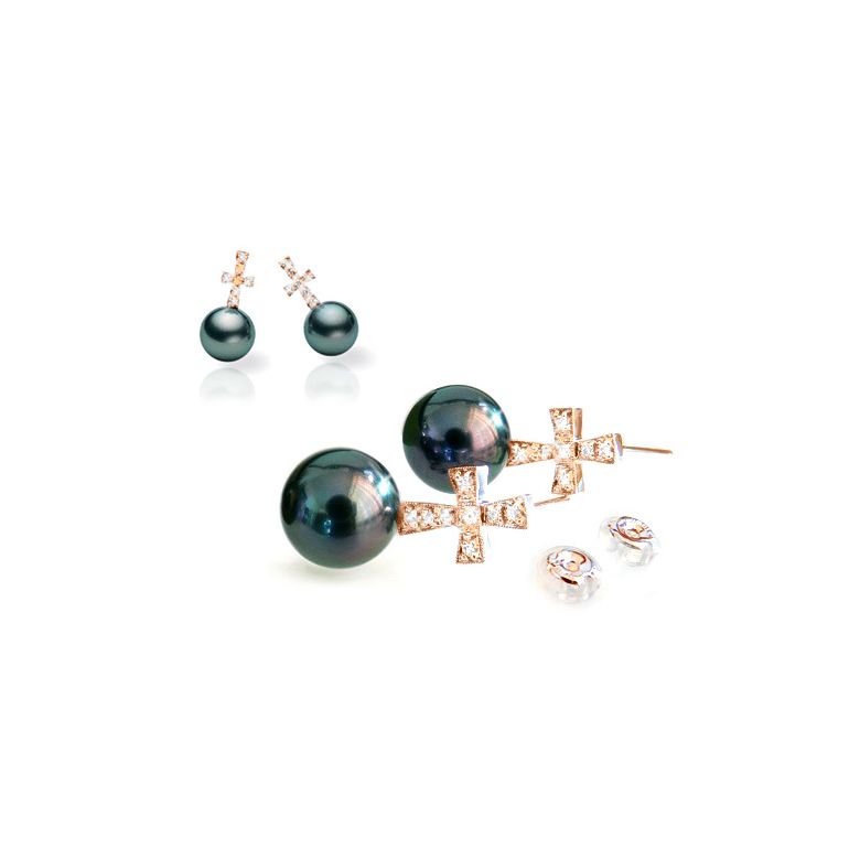 Boucles d'oreilles croix - Perles de culture - Tahiti - Or rose - Diamants - 1