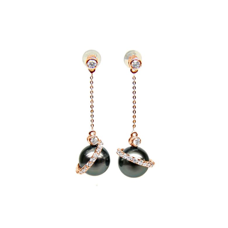 Boucles oreilles cercles diamantés - Perles de Tahiti noires - Or rose - 1