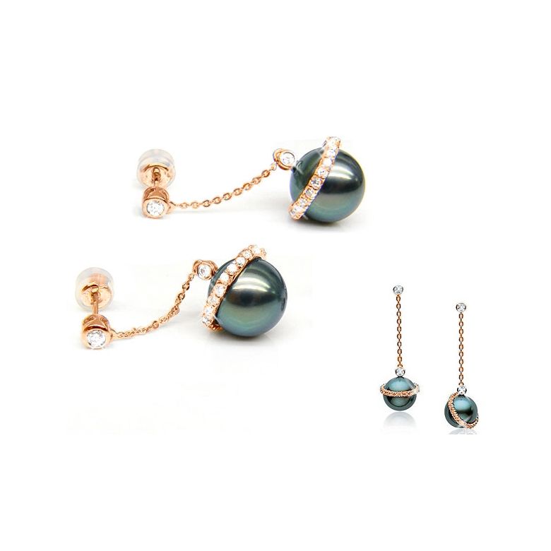 Boucles oreilles cercles diamantés - Perles de Tahiti noires - Or rose - 2