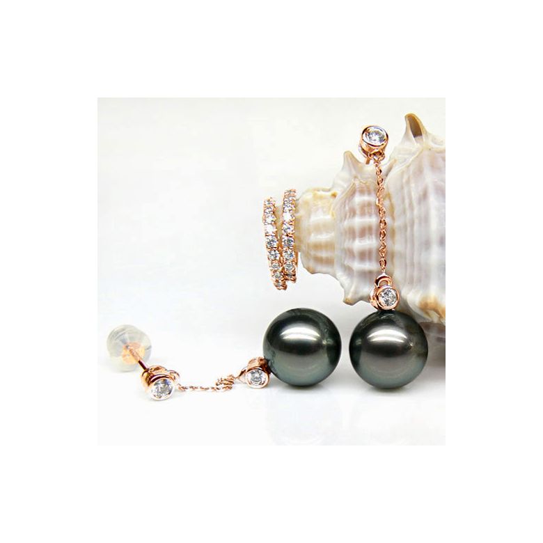 Boucles oreilles cercles diamantés - Perles de Tahiti noires - Or rose - 3