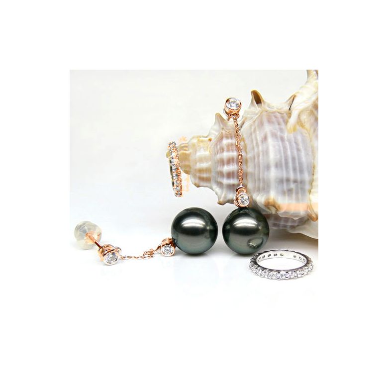 Boucles oreilles cercles diamantés - Perles de Tahiti noires - Or rose - 4