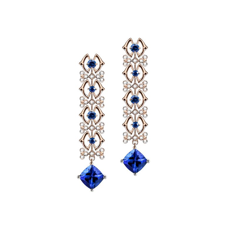Boucle d oreille saphir bleu, diamant - Or rose - 1