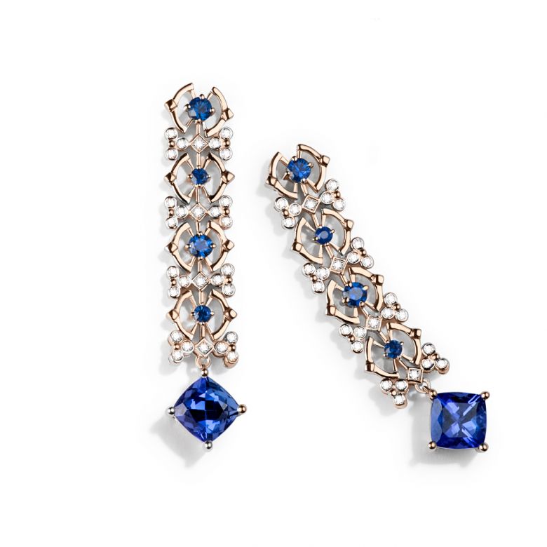 Boucle d oreille saphir bleu, diamant - Or rose - 2