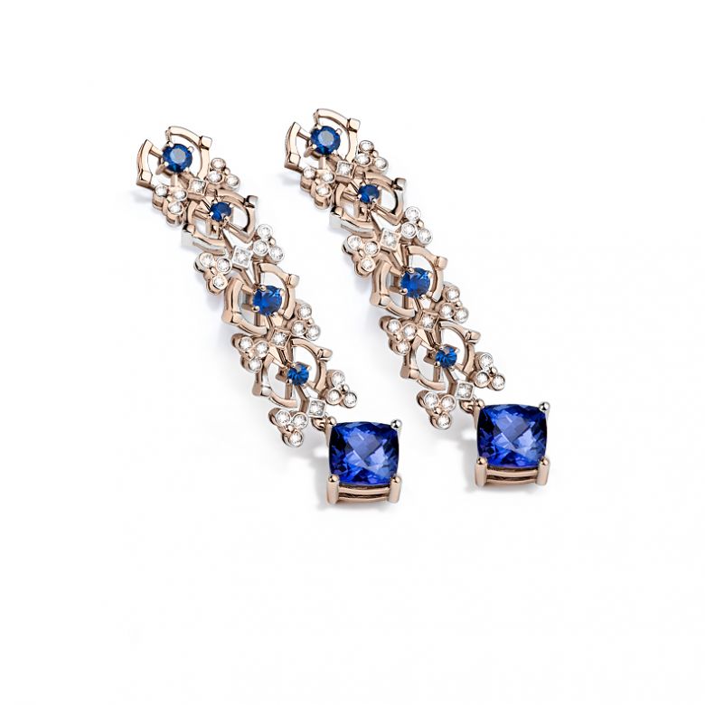 Boucle d oreille saphir bleu, diamant - Or rose - 3