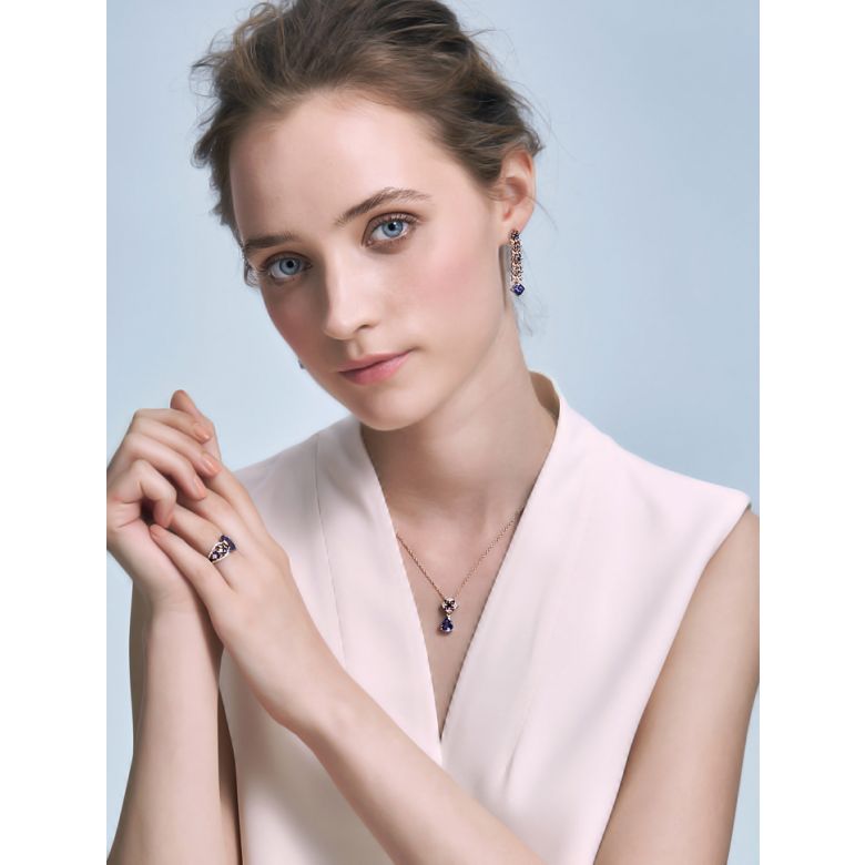 Boucle d oreille saphir bleu, diamant - Or rose - 4