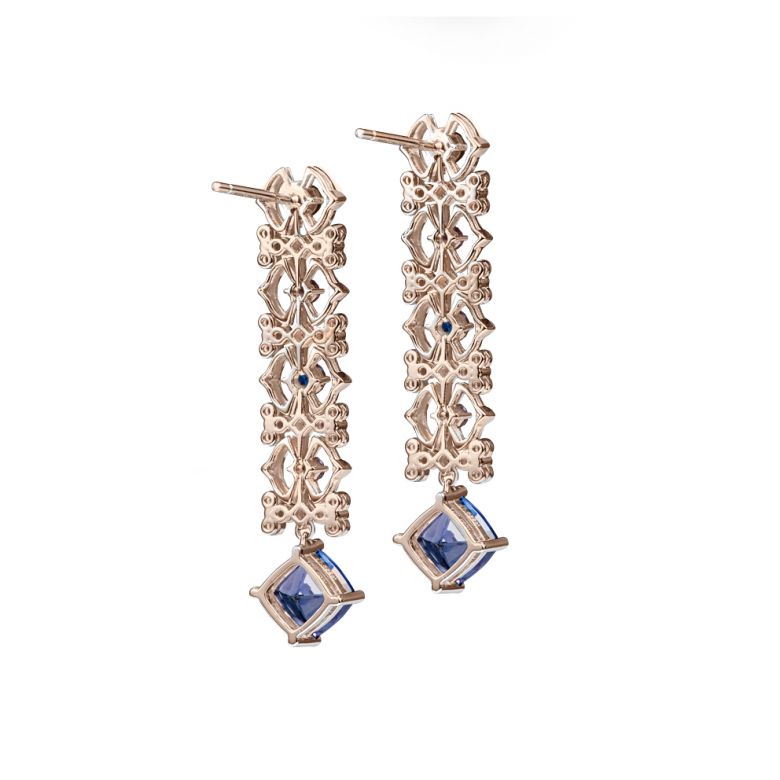 Boucle d oreille saphir bleu, diamant - Or rose - 5
