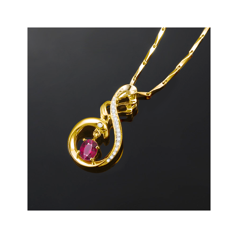 Pendentif cygne or jaune - Rubis et diamants en pendeloque - 3