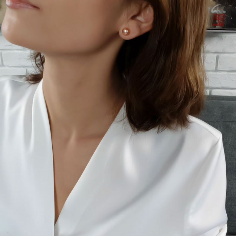 Boucles oreilles perles or jaune - Clou perles roses - 8/9mm - 2