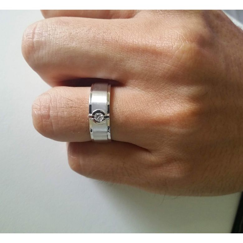 Bague Homme or blanc. Diamant solitaire. Or 750/1000 brossé et poli | Lorenzo - 4