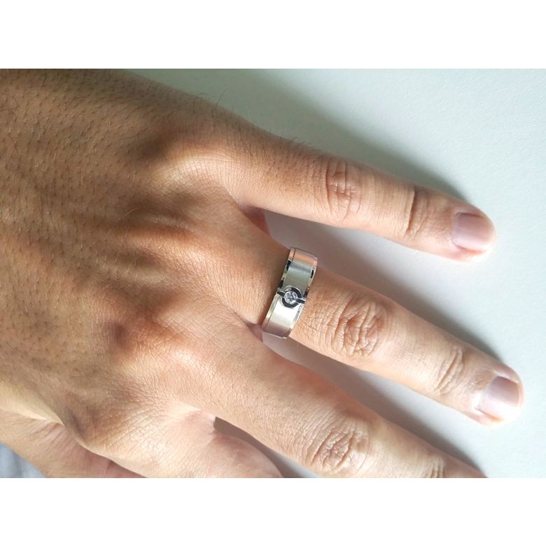 Bague Homme or blanc. Diamant solitaire. Or 750/1000 brossé et poli | Lorenzo - 5