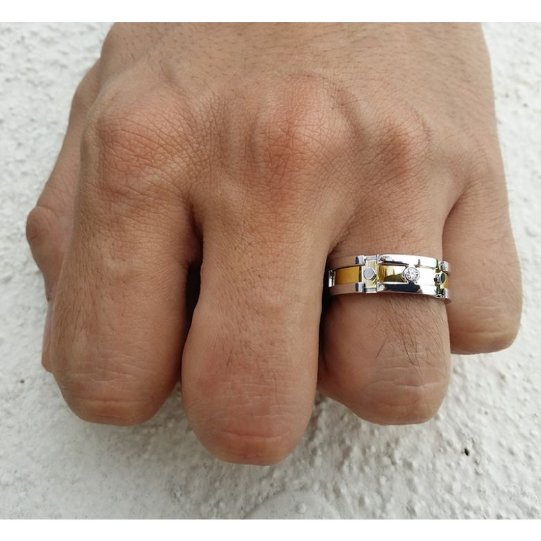 Bague Homme or enlacé - Or blanc et jaune - Diamant 0.025ct - 2