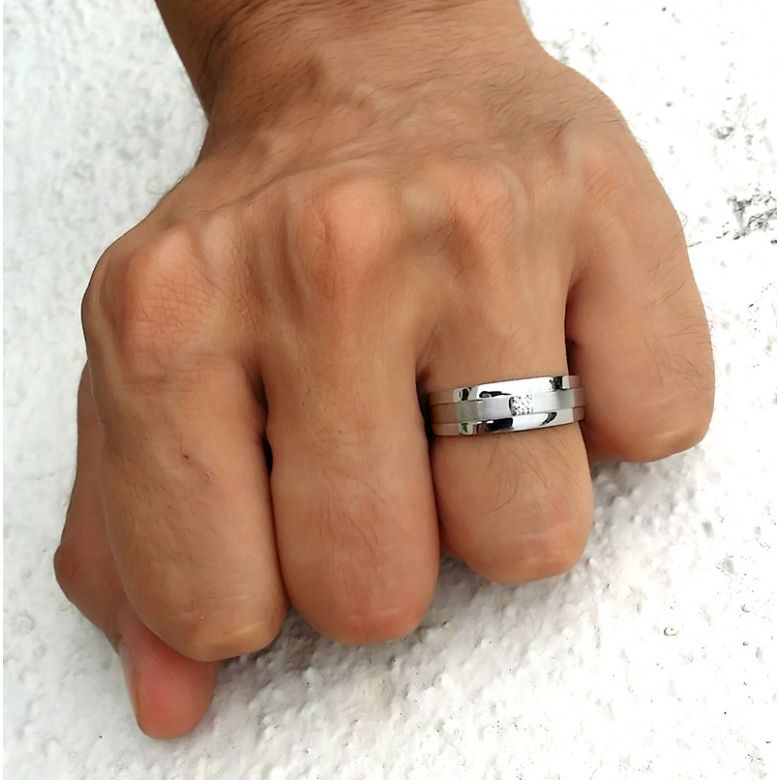 Bague anneau moderne Homme - Or blanc et Diamant central 0.083ct - 1