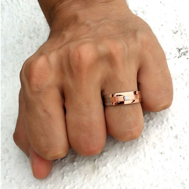 Bague anneau moderne Homme - Or rose et Diamant central 0.083ct - 1